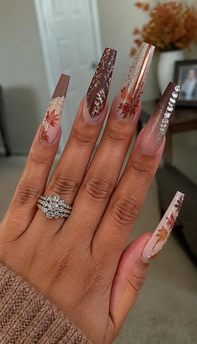 Soft Stitched Autumn A photorealistic close-up shot of a woman's tan skin tone hand with five fingers, showcasing coffin-shaped extrêmement long nails featuring a soft, autumnal theme featuring leaves, stitched patterns, and sparkling accents, indoor background