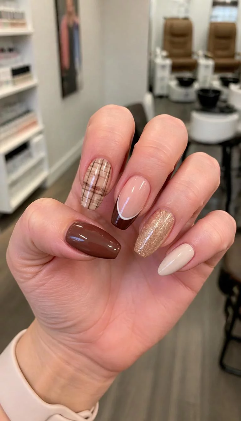 Mixed Media Plaid A photorealistic close-up shot of a woman's fair skin tone hand with five fingers, showcasing a mix of square and almond shapes medium-length nails featuring plaid, French tips, and solid colors, nail salon background