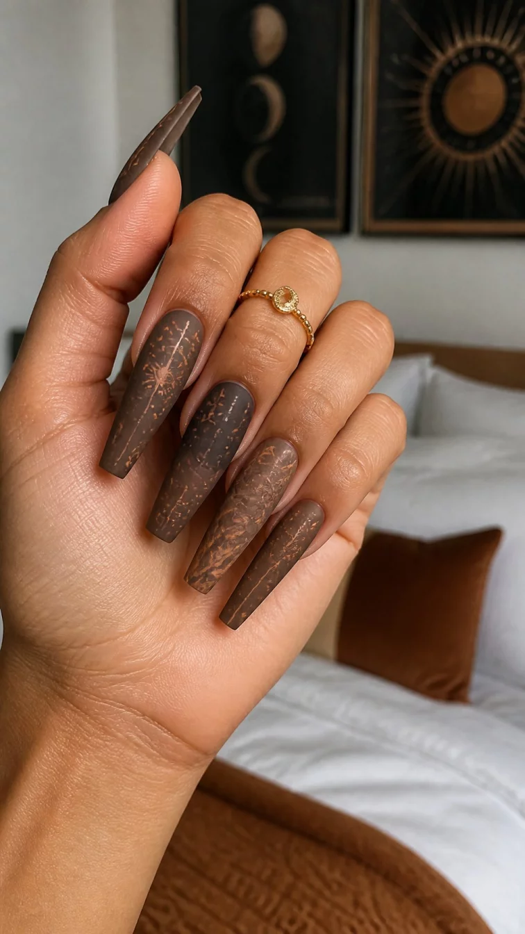 Cosmic Matte Coffins A photorealistic close-up shot of a woman's medium skin tone hand with five fingers, showcasing coffin-shaped extra-long nails featuring matte brown tones with cosmic-inspired designs and warm swirling patterns, bedroom background