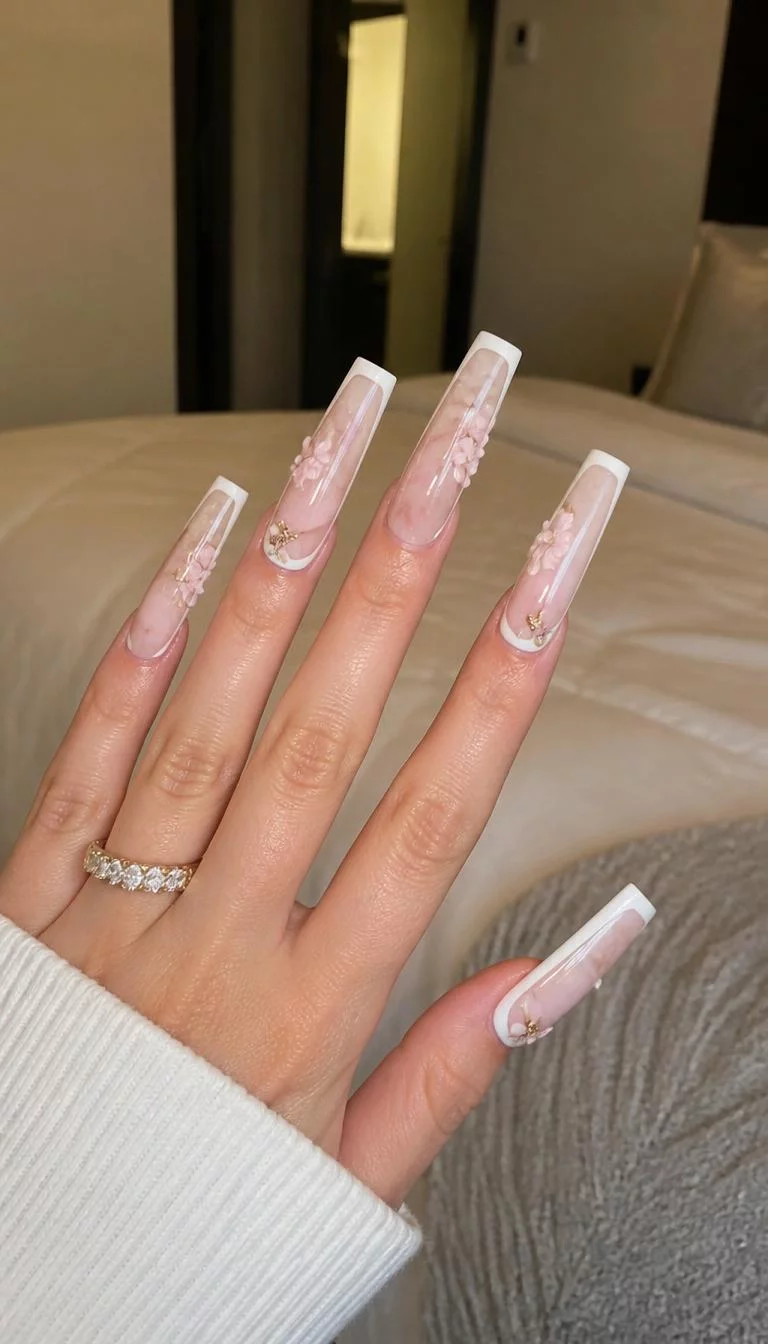 Marbled Floral Extensions A photorealistic close-up shot of a woman's light skin tone hand with five fingers, showcasing coffin-shaped extrêmement long nails featuring a marble-like pattern, French tips, and delicate flower embellishments, bedroom background