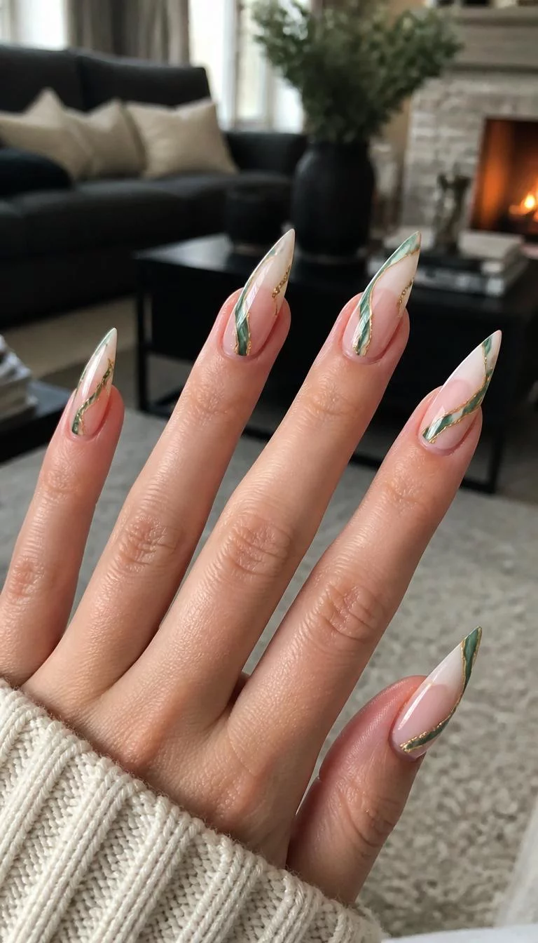 Green Swirl Stilettos A photorealistic close-up shot of a woman's light skin tone hand with five fingers, showcasing stiletto-shaped long nails featuring a pale pink base, featuring abstract green swirls and metallic gold embellishments, living room background