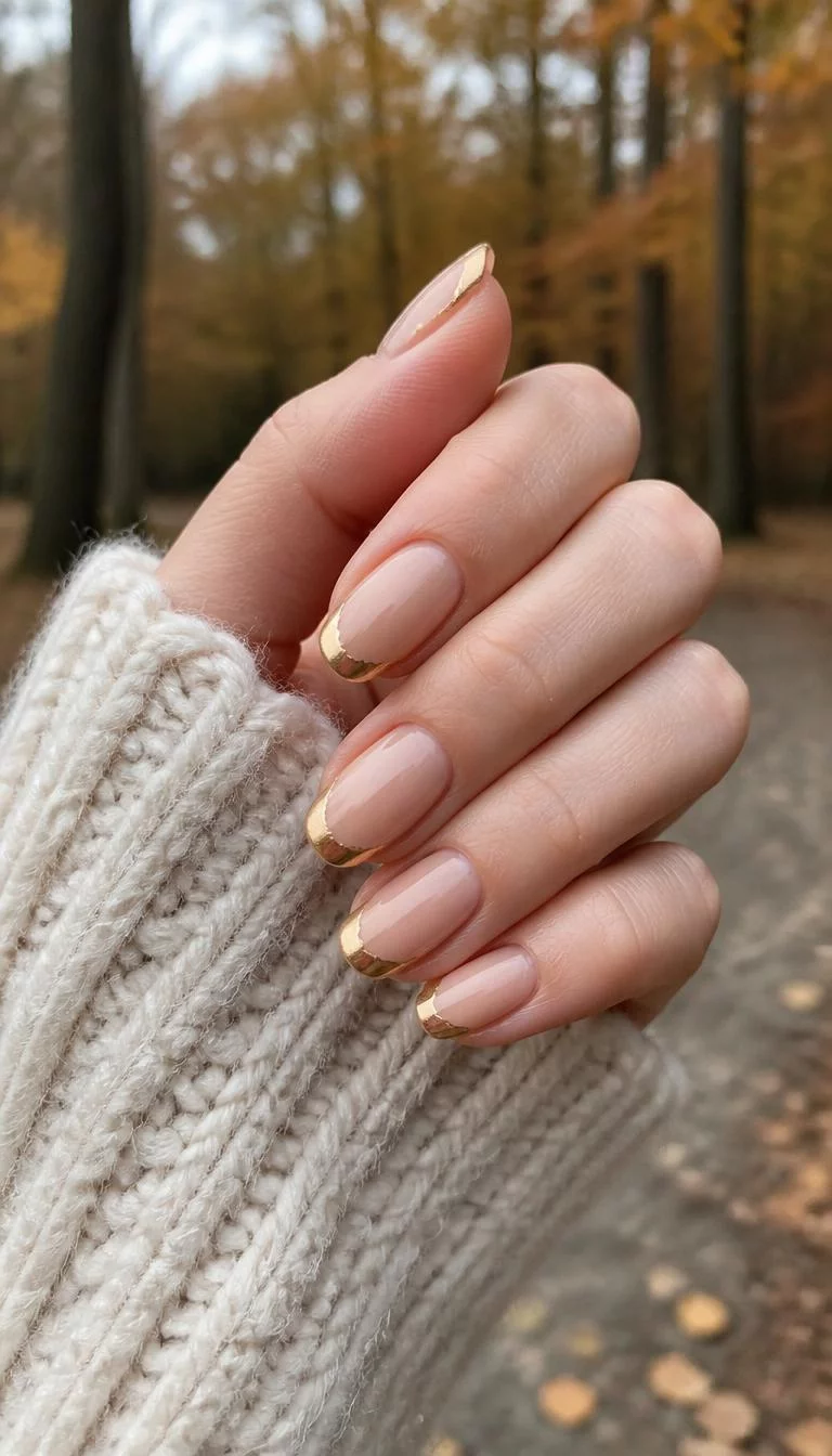 Gilded Gold Ovals A photorealistic close-up shot of a woman's fair skin tone hand with five fingers, showcasing oval-shaped medium-length nails featuring a subtle foundation and metallic gold French tips with layered accents, outdoor fall background