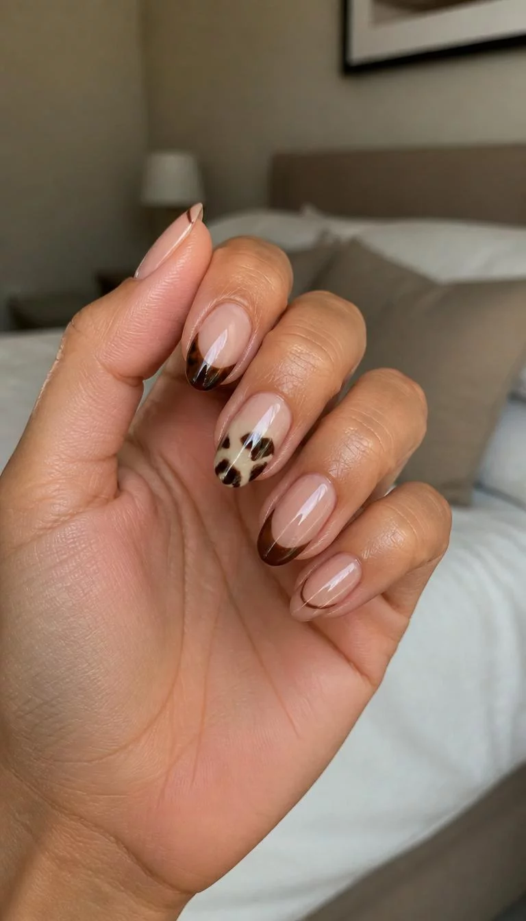 Tortoise Shell Chic A photorealistic close-up shot of a woman's olive skin tone hand with five fingers, showcasing almond-shaped short to medium length nails featuring a tortoise shell French tip, cow print, and minimalist brown designs, bedroom background