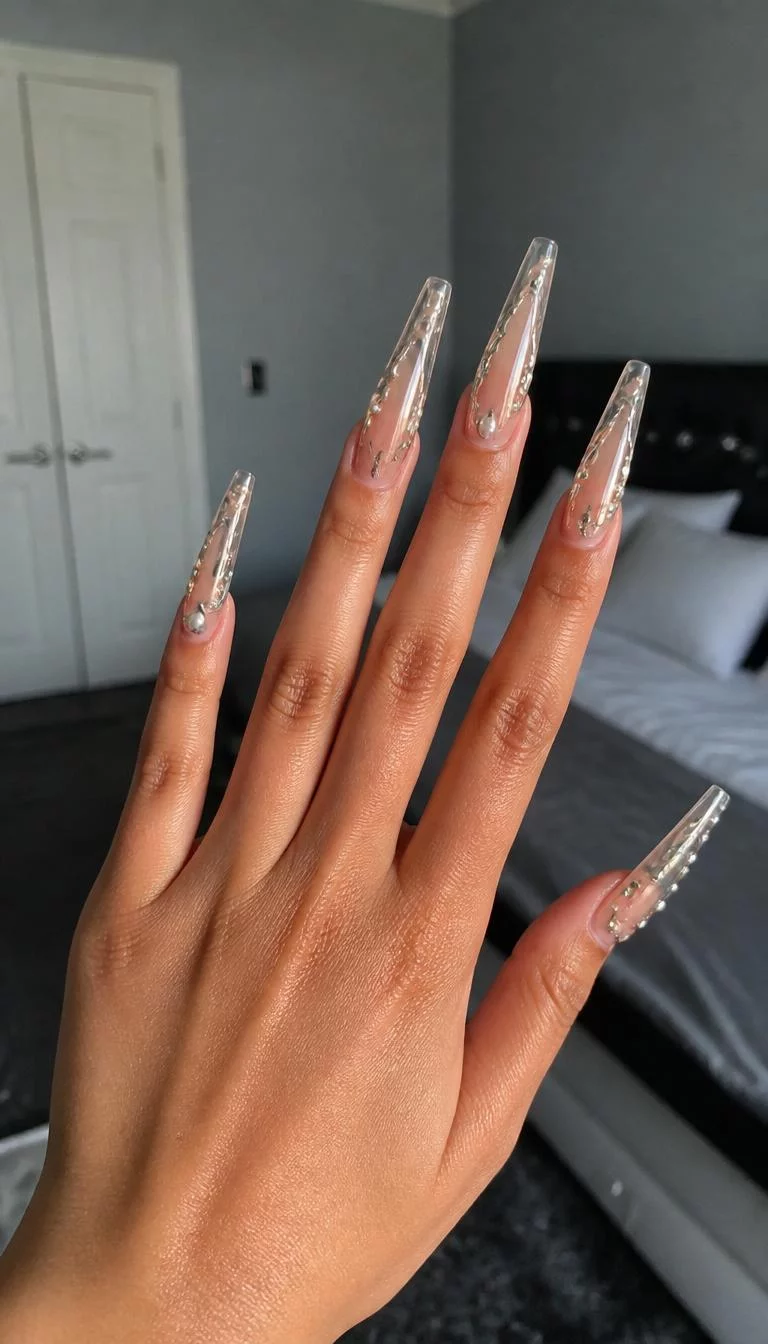 Futuristic Pearl Clarity A photorealistic close-up shot of a woman's olive skin tone hand with five fingers, showcasing clear very long nails featuring pearls and futuristic metallic accents along the sides, bedroom background