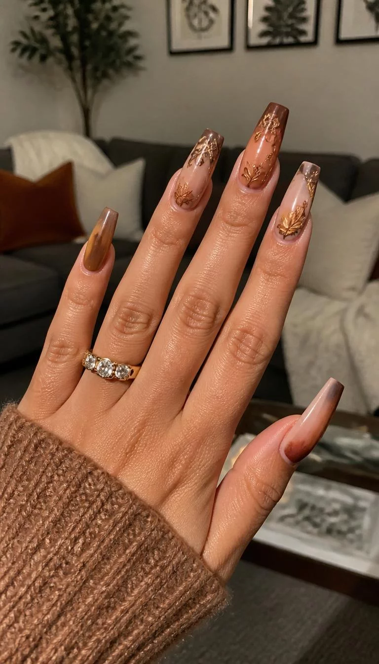 Ombre Autumnal Leaves A photorealistic close-up shot of a woman's olive skin tone hand with five fingers, showcasing coffin-shaped very long nails featuring earthy shades, ombre effects, and autumnal leaf embellishments, living room background