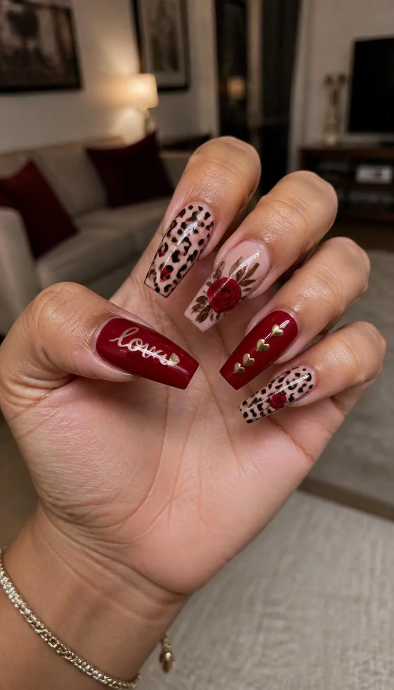 Leopard Love Coffins A photorealistic close-up shot of a woman's olive skin tone hand with five fingers, showcasing coffin-shaped long nails featuring a rich red color, leopard print, floral details, and love-themed designs, living room background