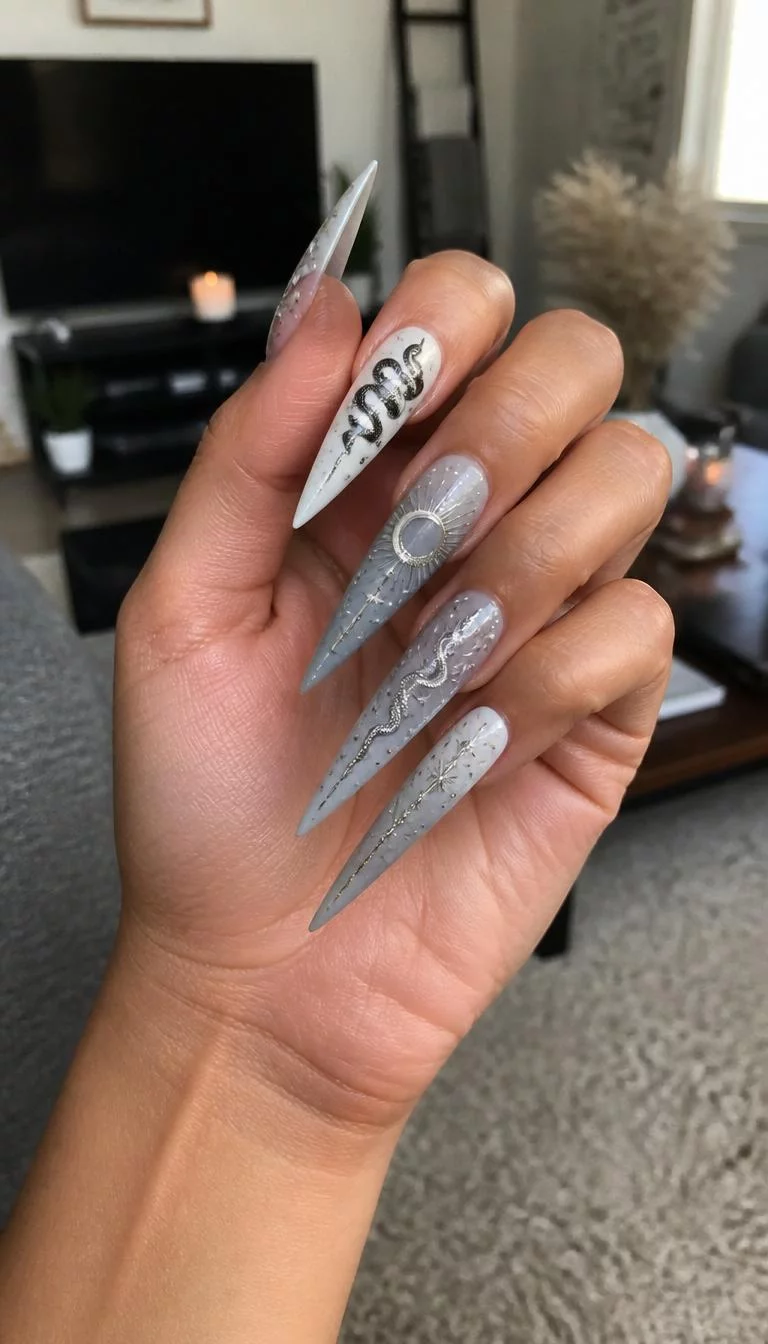 Celestial Snake Stilettos A photorealistic close-up shot of a woman's medium skin tone hand with five fingers, showcasing stiletto-shaped very long nails featuring a white and grey palette, adorned with celestial bodies, stars, and snake motifs, living room background