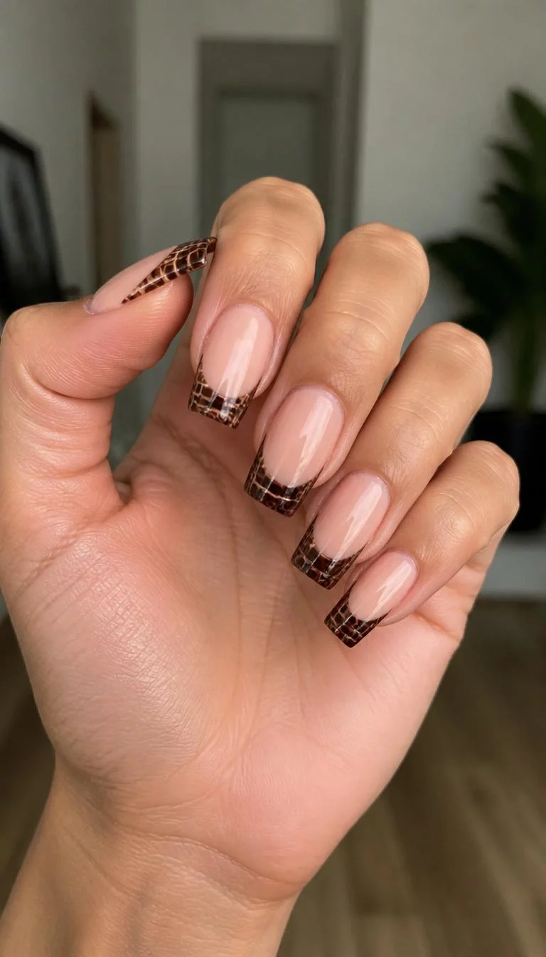 Chocolate Croc Print Tips A photorealistic close-up shot of a woman's medium skin tone hand with five fingers, showcasing square-shaped long nails featuring a subtle foundation and a dark brown crocodile print French tip design, indoor background