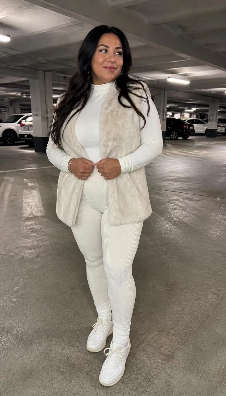 Cream Ribbed Leggings and Fuzzy Vest A photorealistic full body shot of a 37-year-old Latina woman with a heart-shaped face, deep brown, broad nose, thin arched eyebrows, and wide lips. Her face features uneven eyebrows, visible pores, and subtle natural facial asymmetry. She has almond-shaped green eyes, pronounced cheekbones, broad smile, thoughtful. She is average build with long dark hair and is wearing a cream turtleneck, cream ribbed leggings, and a cream fuzzy vest, in a parking garage, everyday social media post aesthetic, high-quality mobile photography, shot on an iPhone 14.