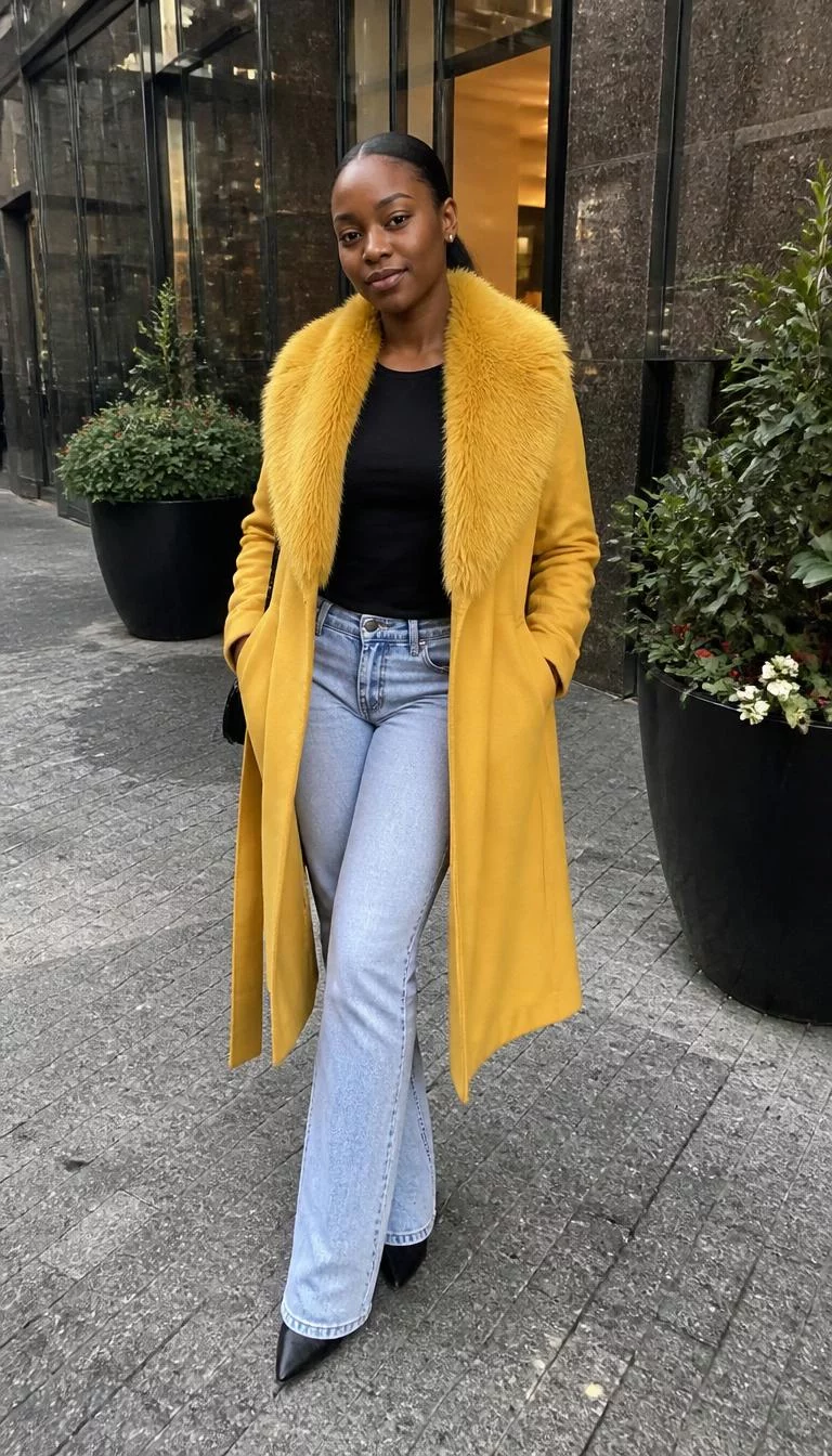Yellow Fur Collar Coat and Light Wash Jeans A photorealistic full body shot of a 29-year-old Black African woman with a oval face, deep brown, narrow nose, feathered eyebrows, and wide lips. Her face features faint freckles across the nose, faint under-eye shadows, and subtle natural facial asymmetry. She has downturned hazel eyes, high cheekbones, closed-mouth smile, thoughtful. She is slim with dark hair pulled back hair and is wearing a black top, light-wash jeans, and a yellow coat with a large fur collar, outdoors, everyday social media post aesthetic, high-quality mobile photography, shot on an iPhone 14.
