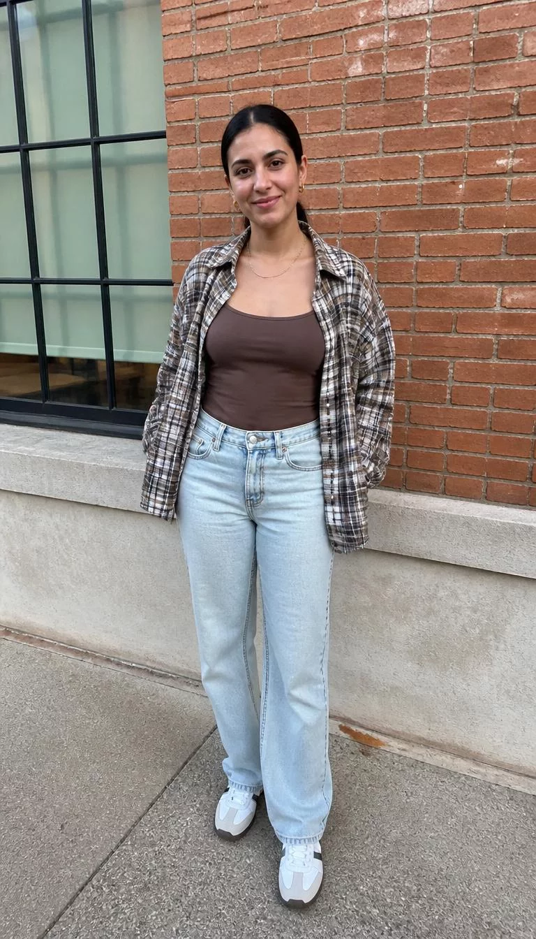 Brown Tank Top and Plaid Shirt Layering A photorealistic full body shot of a 31-year-old Middle Eastern woman with a oval face, olive, aquiline nose, thick natural eyebrows, and heart-shaped lips. Her face features dimples, visible pores, and subtle natural facial asymmetry. She has deep-set hazel eyes, pronounced cheekbones, closed-mouth smile, cheerful. She is slim with dark slicked-back hair and is wearing a brown tank top, light-wash jeans, and a plaid shirt, outdoors against a brick building, everyday social media post aesthetic, high-quality mobile photography, shot on an iPhone 14.