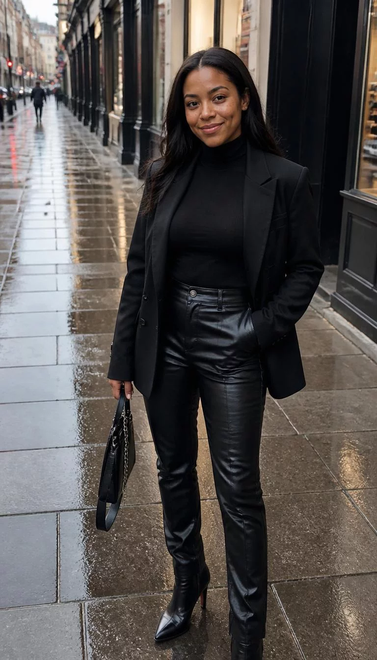 Black Turtleneck and Leather Trousers A photorealistic full body shot of a 28-year-old Black African woman with a diamond face, light, upturned nose, thick natural eyebrows, and heart-shaped lips. Her face features dimples, light freckles, and subtle natural facial asymmetry. She has hooded blue eyes, high cheekbones, broad smile, thoughtful. She is athletic build with dark hair hair and is wearing a black turtleneck, black leather pants, and a black blazer, on a wet city sidewalk, everyday social media post aesthetic, high-quality mobile photography, shot on an iPhone 14.