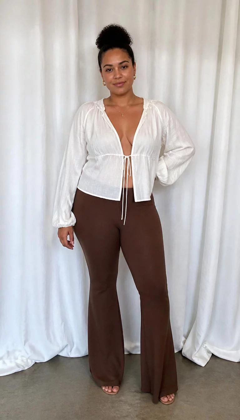 White Billowy Blouse and Brown Flared Pants A photorealistic full body shot of a 27-year-old Mixed-race woman with a oval face, light, rounded nose, thick natural eyebrows, and full lips. Her face features small scar on the eyebrow, slightly flushed cheeks, and subtle natural facial asymmetry. She has almond-shaped hazel eyes, soft cheekbones, closed-mouth smile, relaxed. She is curvy build with dark hair in a high bun hair and is wearing a white billowy blouse and brown flared pants, against a white curtain, everyday social media post aesthetic, high-quality mobile photography, shot on an iPhone 14.