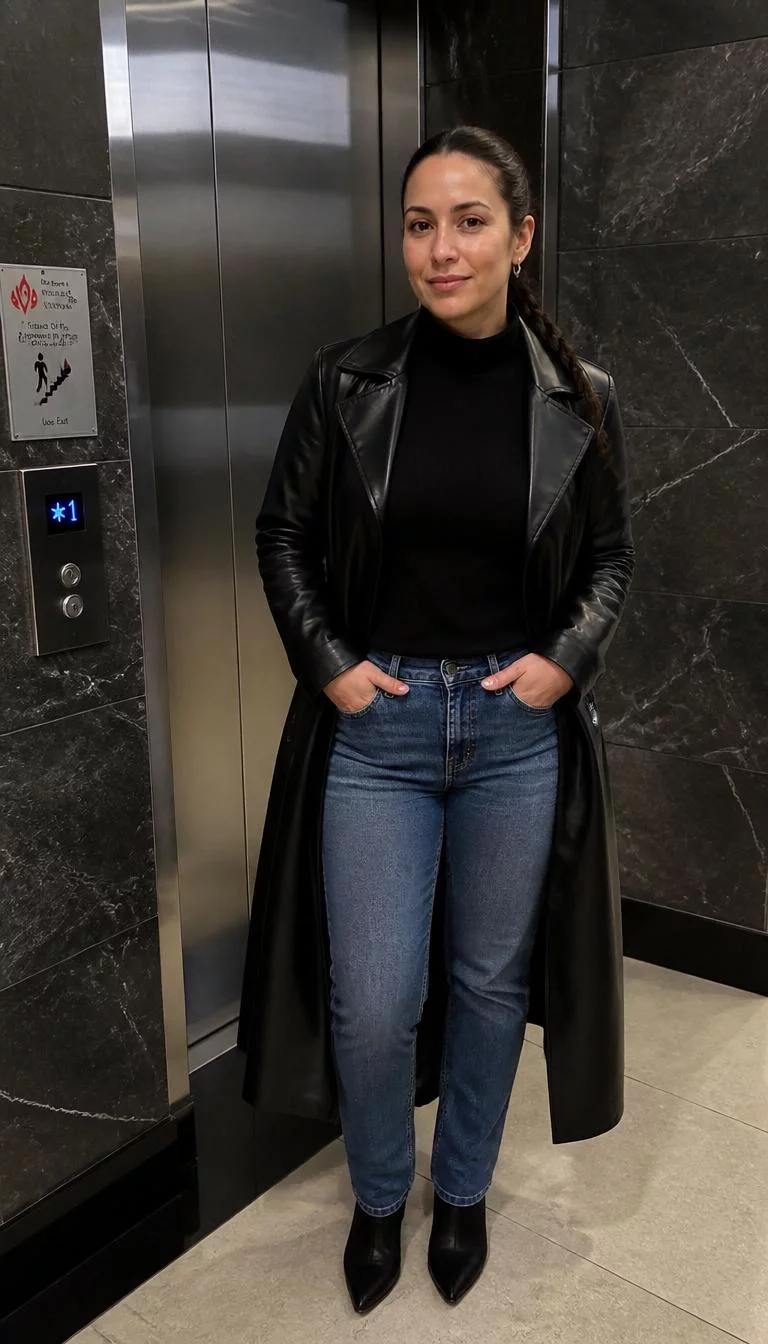 Black Leather Trench Coat and Blue Jeans A photorealistic full body shot of a 37-year-old Southern European woman with a oval face, dark brown, button nose, softly curved eyebrows, and full lips. Her face features small scar on the eyebrow, visible pores, and subtle natural facial asymmetry. She has monolid dark brown eyes, rounded cheeks, subtle smile, confident. She is curvy build with brown hair in a braided ponytail hair and is wearing a black turtleneck, blue jeans, and a black leather trench coat, by an elevator, everyday social media post aesthetic, high-quality mobile photography, shot on an iPhone 14.