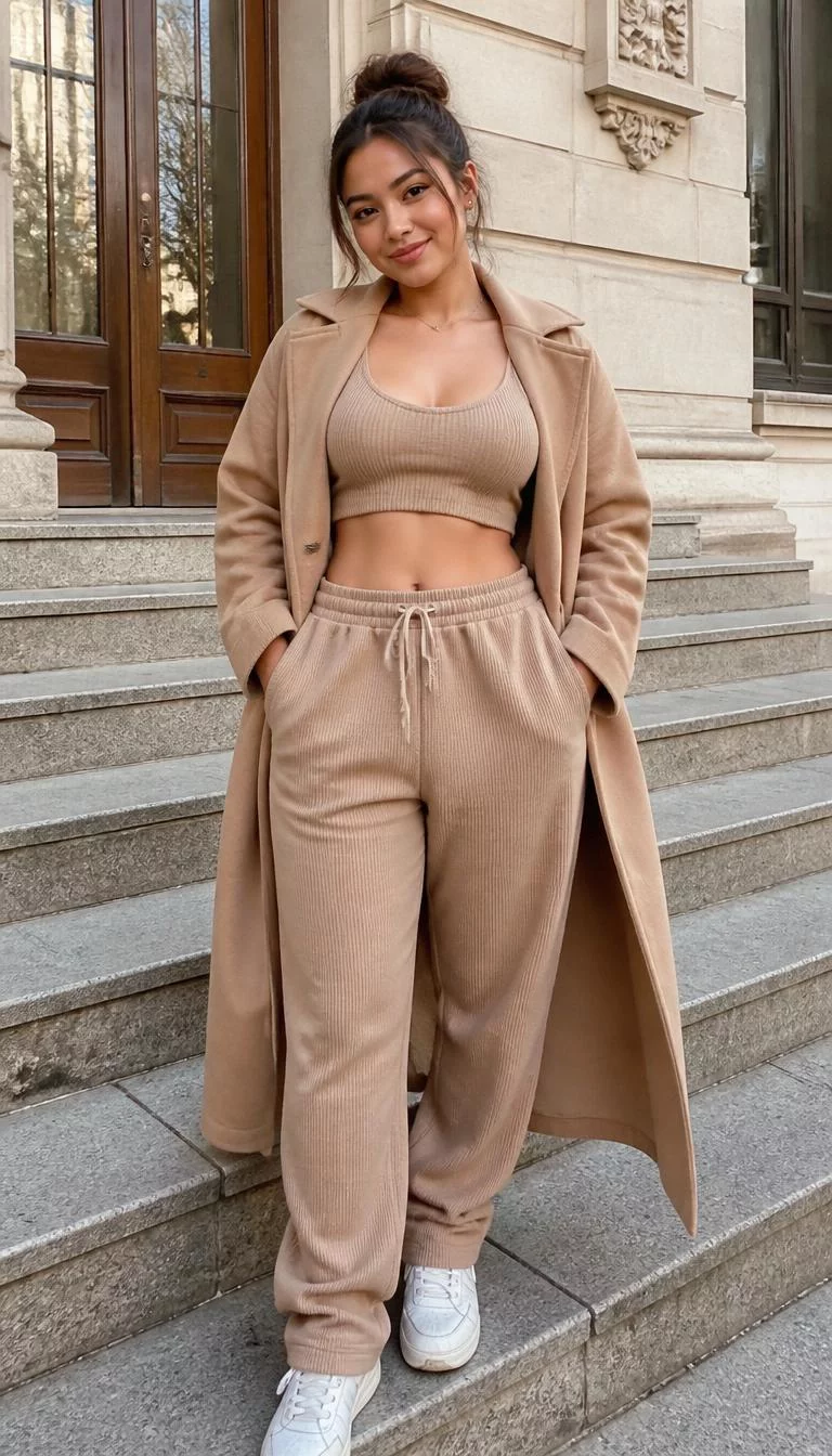 Tan Cropped Top and Long Coat A photorealistic full body shot of a 24-year-old Southeast Asian woman with a heart-shaped face, light, rounded nose, softly curved eyebrows, and wide lips. Her face features faint freckles across the nose, slightly flushed cheeks, and subtle natural facial asymmetry. She has downturned amber eyes, pronounced cheekbones, subtle smile, playful. She is curvy build with dark brown hair styled in an updo hair and is wearing a tan cropped top, matching tan sweatpants, and a long tan coat, on stone steps, everyday social media post aesthetic, high-quality mobile photography, shot on an iPhone 14.