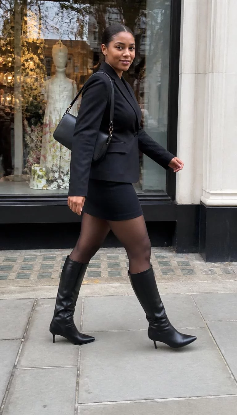 Black Blazer and Sheer Tights A photorealistic full body shot of a 26-year-old Afro-Caribbean woman with a heart-shaped face, dark brown, button nose, thick natural eyebrows, and thin lips. Her face features gap between front teeth, light freckles, and subtle natural facial asymmetry. She has monolid gray eyes, soft cheekbones, closed-mouth smile, confident. She is athletic build with dark pulled-back hair and is wearing a black blazer, black skirt, sheer tights, and knee-high black boots, walking past a window display, everyday social media post aesthetic, high-quality mobile photography, shot on an iPhone 14.