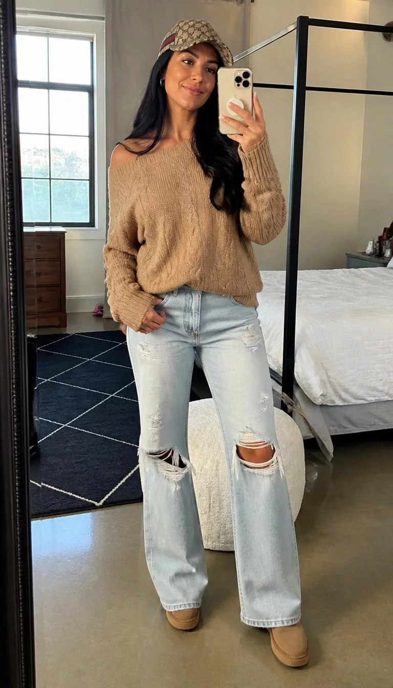 Tan Sweater and Ripped Light Wash Jeans A photorealistic full body shot of a 38-year-old Mixed-race woman with a oval face, olive, aquiline nose, thick natural eyebrows, and heart-shaped lips. Her face features widow's peak hairline, visible pores, and subtle natural facial asymmetry. She has almond-shaped gray eyes, high cheekbones, closed-mouth smile, cheerful. She is slim with long black hair and is wearing a tan off-the-shoulder sweater, ripped light-wash jeans, and a patterned baseball cap, mirror selfie, everyday social media post aesthetic, high-quality mobile photography, shot on an iPhone 14.