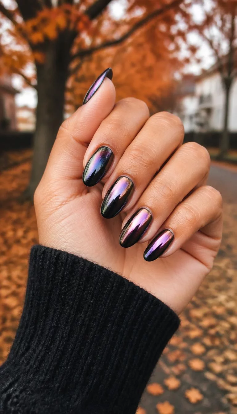 Pearlescent Chameleon Shift A photorealistic close-up shot of a woman's medium skin tone hand with five fingers, showcasing almond-shaped medium-length nails featuring a captivating chameleon design shifting from black to a pearlescent pink and lavender, outdoor fall background