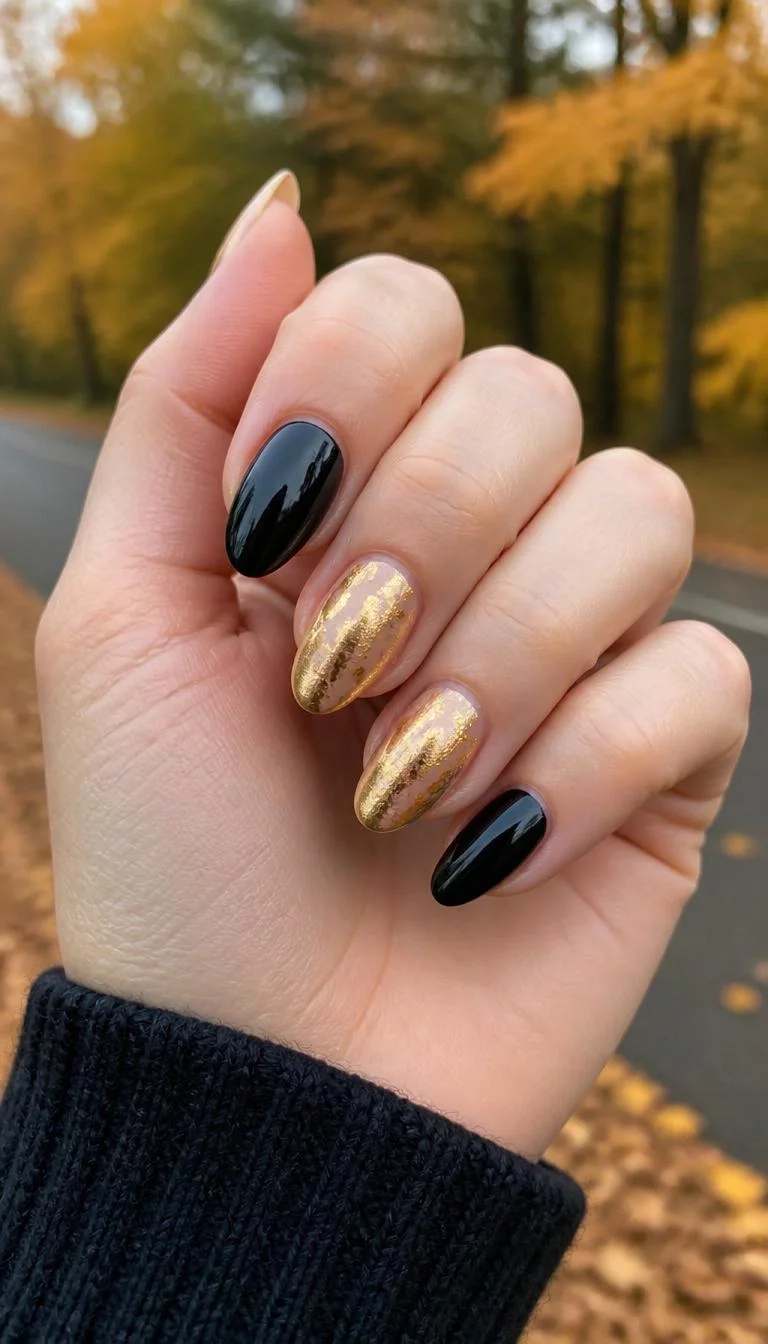 Gilded Luxury On Almond Tips A photorealistic close-up shot of a woman's fair skin tone hand with five fingers, showcasing almond-shaped medium-length nails featuring a combination of glossy black and metallic gold polish with gold leaf accents on some nails, outdoor fall background