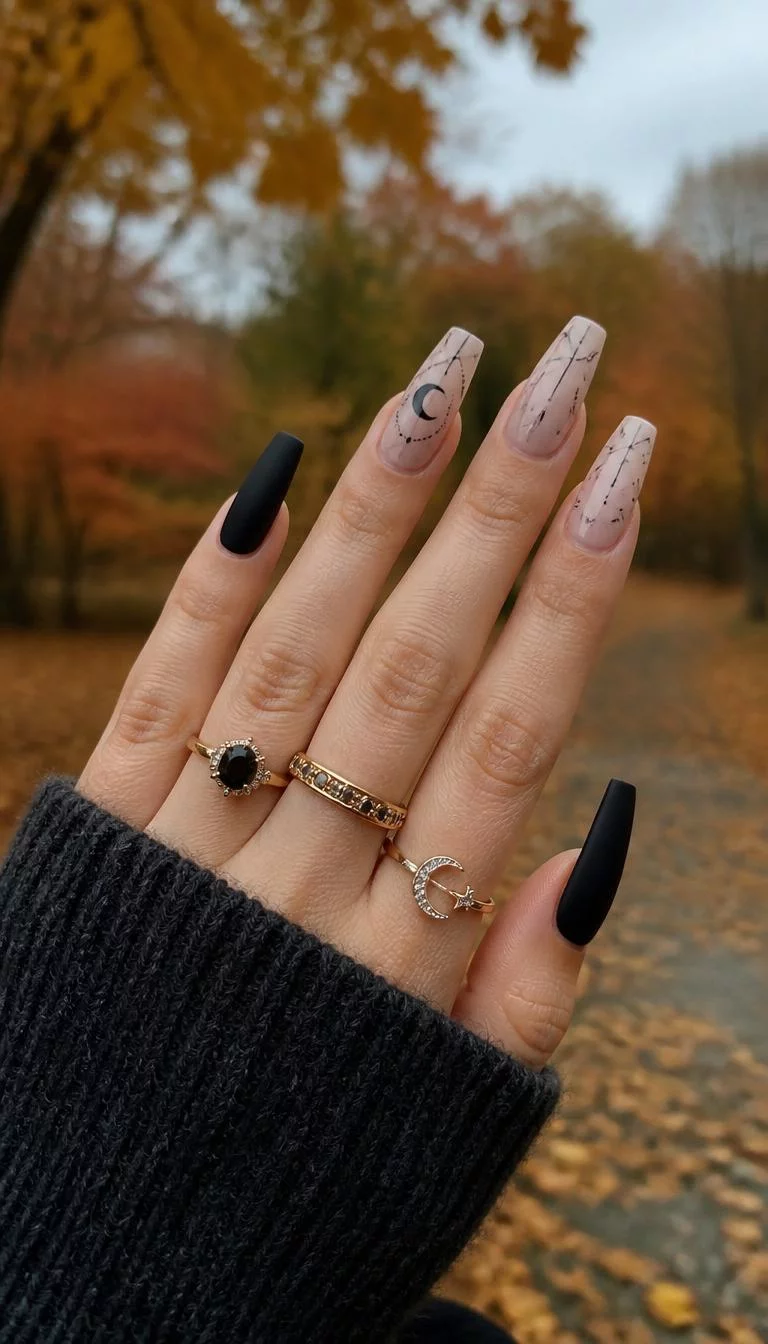 Patterned Translucence On Matte A photorealistic close-up shot of a woman's fair skin tone hand with five fingers, showcasing coffin-shaped long nails with some at matte black while others feature a translucent barely-there polish with intricate patterned accents, outdoor fall background