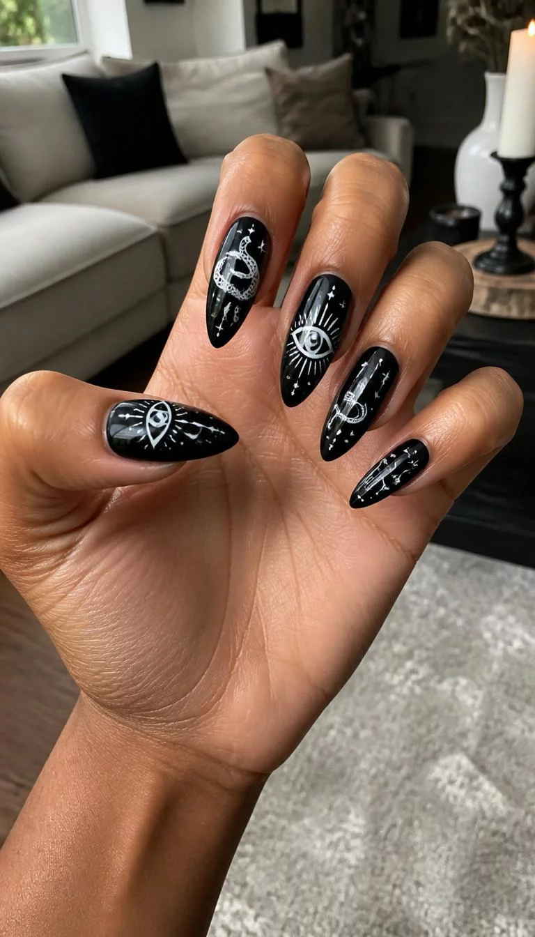 Mystical Occult Stilettos A photorealistic close-up shot of a woman's tan skin tone hand with five fingers, showcasing black stiletto nails of medium length featuring mystical white designs like snakes and eyes with a glossy finish, living room background
