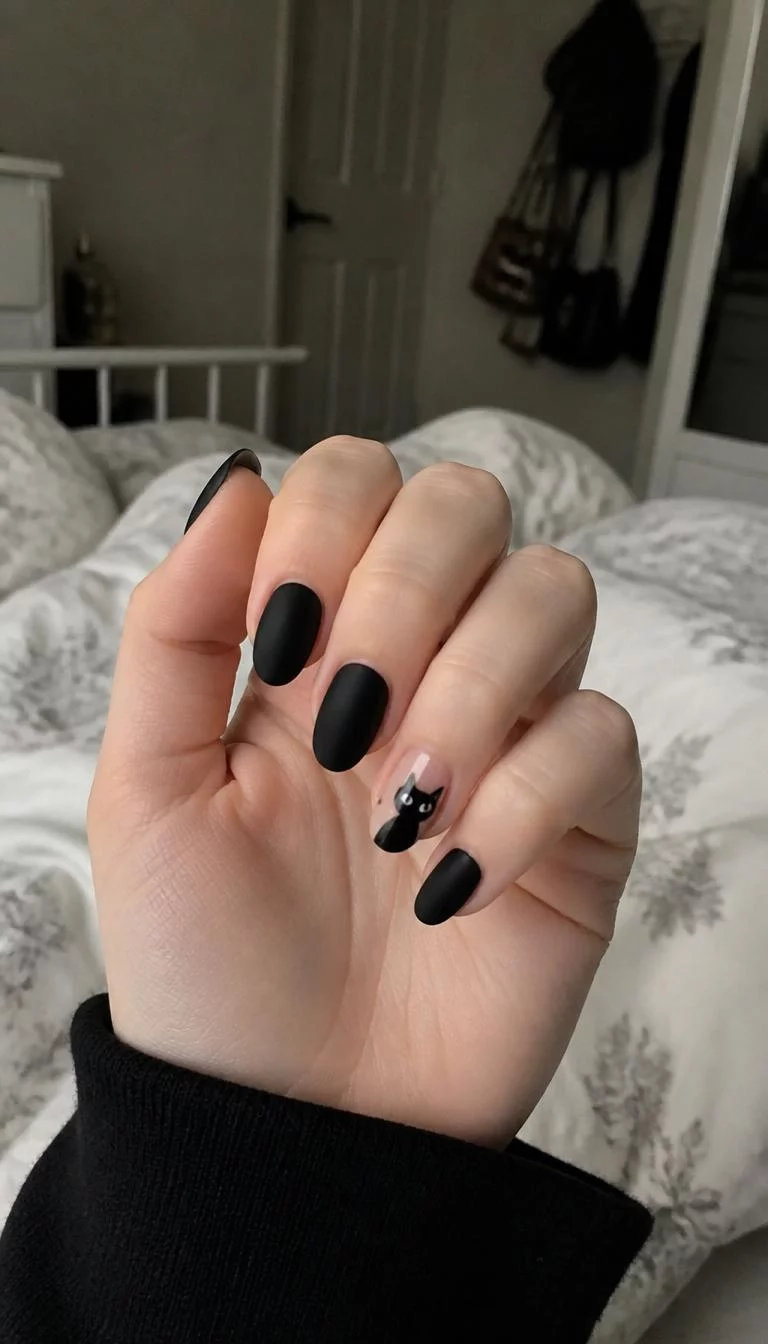 Matte Noir With A Feline Twist A photorealistic close-up shot of a woman's fair skin tone hand with five fingers, showcasing almond-shaped medium-length nails featuring matte black paint with one accent nail featuring a sheer base and a small black cat design, bedroom background
