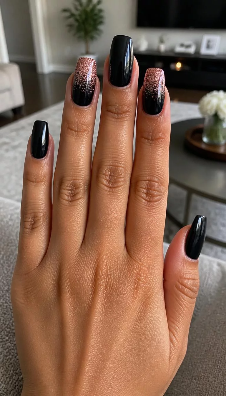 Rose Gold Glitter Gradients A photorealistic close-up shot of a woman's medium skin tone hand with five fingers, showcasing sleek medium-length coffin-shaped nails featuring glossy black with a gradient design of rose gold glitter fading into black on two nails, living room background
