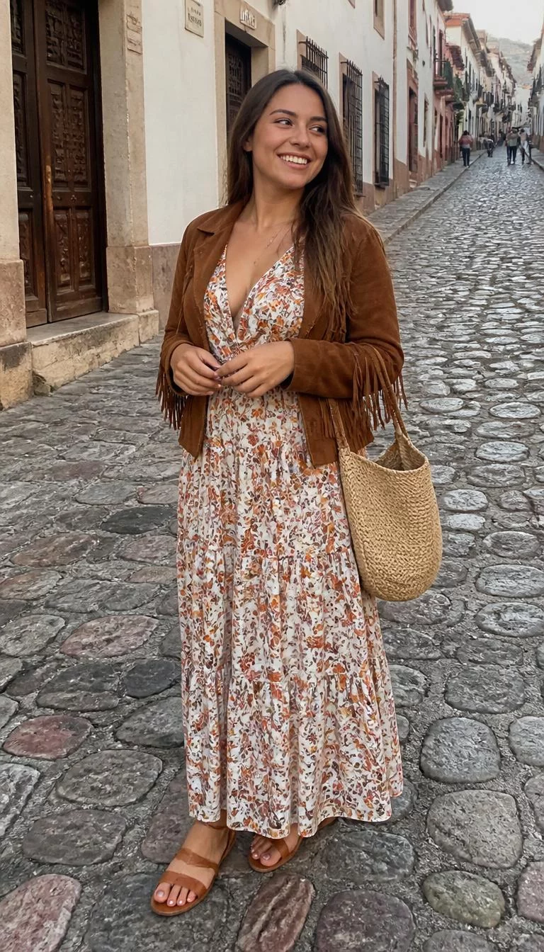 Floral Maxi Dress and Brown Suede Jacket A photorealistic full body shot of a 27-year-old Latina woman with a pear-shaped face, light, rounded nose, softly curved eyebrows, and wide lips. Her face features gap between front teeth, visible pores, and subtle natural facial asymmetry. She has upturned dark brown eyes, high cheekbones, broad smile, thoughtful. She is curvy build with brown long hair and is wearing a floral maxi dress and a brown suede jacket, carrying a woven tote bag, cobblestone street, everyday social media post aesthetic, high-quality mobile photography, shot on an iPhone 14.
