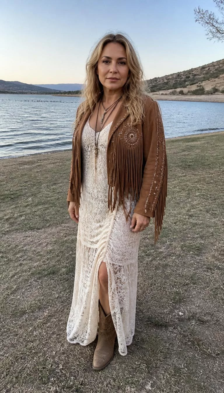 Fringed Leather Jacket and Lace Maxi Dress A photorealistic full body shot of a 49-year-old Latina woman with a diamond face, light, narrow nose, straight eyebrows, and wide lips. Her face features faint freckles across the nose, light freckles, and subtle natural facial asymmetry. She has hooded amber eyes, pronounced cheekbones, neutral expression, relaxed. She is athletic build with blonde wavy hair and is wearing a fringed leather jacket over a beige lace maxi dress and cowboy boots, near a body of water, everyday social media post aesthetic, high-quality mobile photography, shot on an iPhone 14.