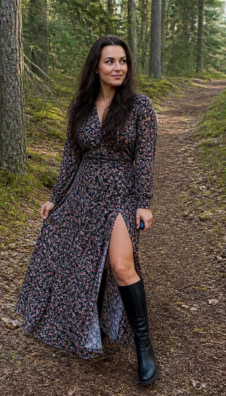Floral Maxi Dress with a High Slit and Black Boots A photorealistic full body shot of a 34-year-old Northern European woman with a oval face, dark brown, narrow nose, thick natural eyebrows, and wide lips. Her face features widow's peak hairline, a few laugh lines, and subtle natural facial asymmetry. She has deep-set blue eyes, rounded cheeks, broad smile, thoughtful. She is athletic build with dark hair and is wearing a long-sleeved floral maxi dress with a high slit and black knee-high boots, forest setting, everyday social media post aesthetic, high-quality mobile photography, shot on an iPhone 14.