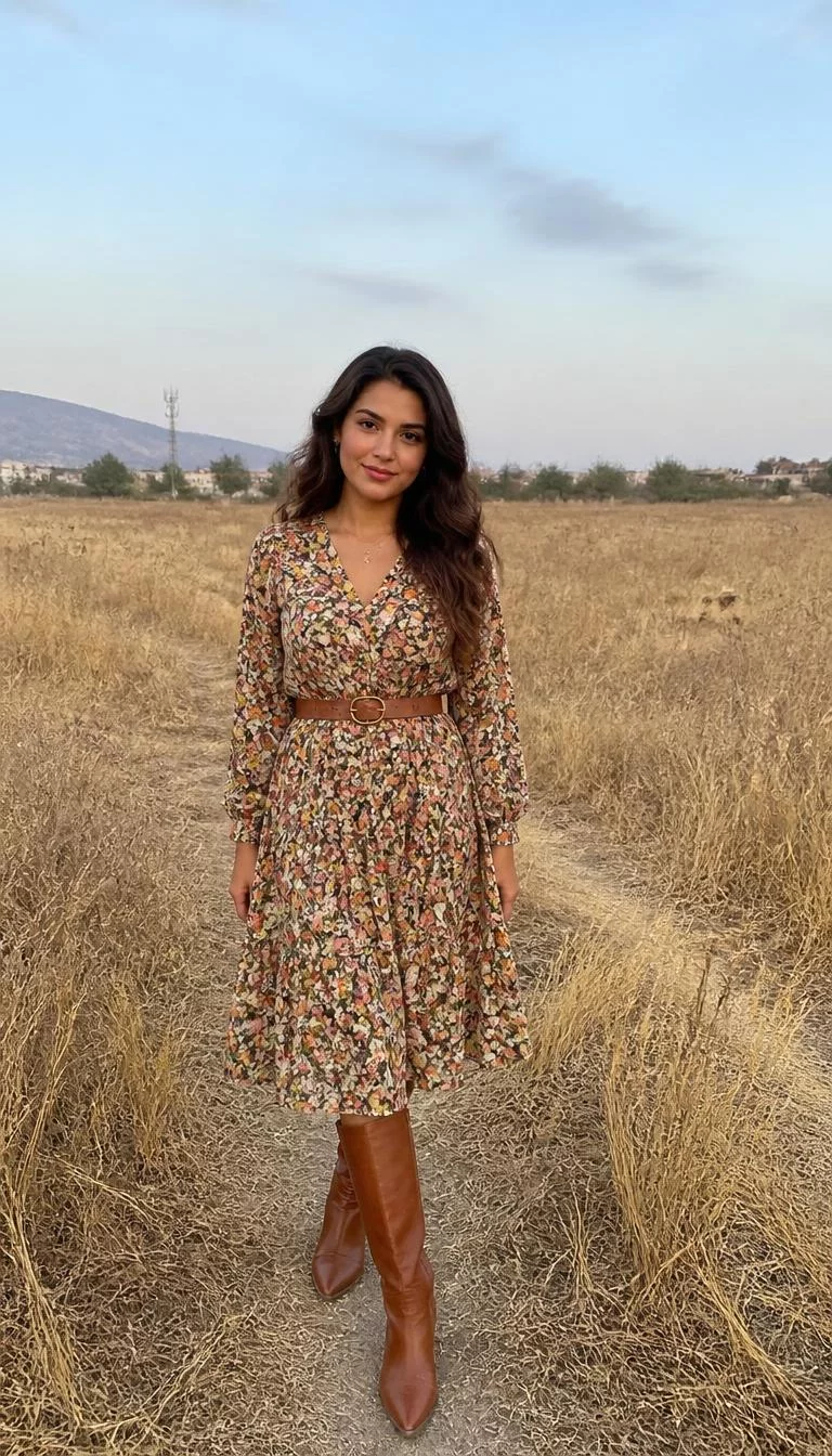 Floral Midi Dress and Knee High Brown Boots A photorealistic full body shot of a 29-year-old Middle Eastern woman with a diamond face, fair, rounded nose, feathered eyebrows, and heart-shaped lips. Her face features uneven eyebrows, slightly flushed cheeks, and subtle natural facial asymmetry. She has almond-shaped brown eyes, high cheekbones, neutral expression, playful. She is slim with brown long wavy hair and is wearing a floral midi dress, a brown wide belt, and knee-high brown boots, field of dry grass, everyday social media post aesthetic, high-quality mobile photography, shot on an iPhone 14.