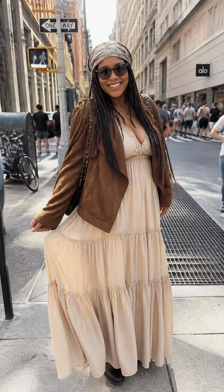 A photorealistic full body shot of a 36-year-old Mixed-race woman with a square face, dark brown, broad nose, thick natural eyebrows, and full lips. Her face features uneven eyebrows, visible pores, and subtle natural facial asymmetry. She has hooded dark brown eyes, rounded cheeks, broad smile, playful. She is curvy build with dark long braided hair and is wearing a flowing beige dress under a brown fringed jacket, with a patterned headscarf and sunglasses, city street, everyday social media post aesthetic, high-quality mobile photography, shot on an iPhone 14.