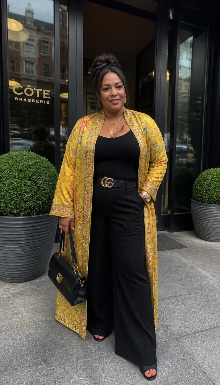 Elaborate Dresses and Stylish Statement Jackets A photorealistic full body shot of a 40-year-old Afro-Caribbean woman with a square face, deep brown, upturned nose, softly curved eyebrows, and wide lips. Her face features gap between front teeth, slightly flushed cheeks, and subtle natural facial asymmetry. She has monolid gray eyes, pronounced cheekbones, neutral expression, playful. She is average build with dark hair and is wearing distinct stylish outfits with elaborate dresses and jackets, everyday social media post aesthetic, high-quality mobile photography, shot on an iPhone 14.
