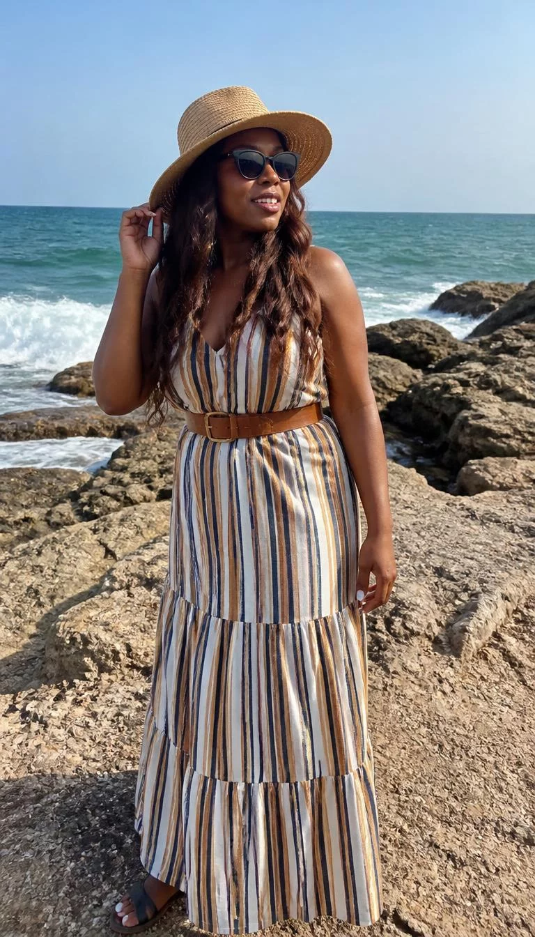 Striped Maxi Dress and Wide Belt A photorealistic full body shot of a 31-year-old Black African woman with a pear-shaped face, dark brown, aquiline nose, softly curved eyebrows, and thin lips. Her face features gap between front teeth, a few laugh lines, and subtle natural facial asymmetry. She has monolid green eyes, pronounced cheekbones, subtle smile, confident. She is average build with brown long wavy hair and is wearing a striped maxi dress, a wide belt, sunglasses, and a straw hat, rocky shore, everyday social media post aesthetic, high-quality mobile photography, shot on an iPhone 14.