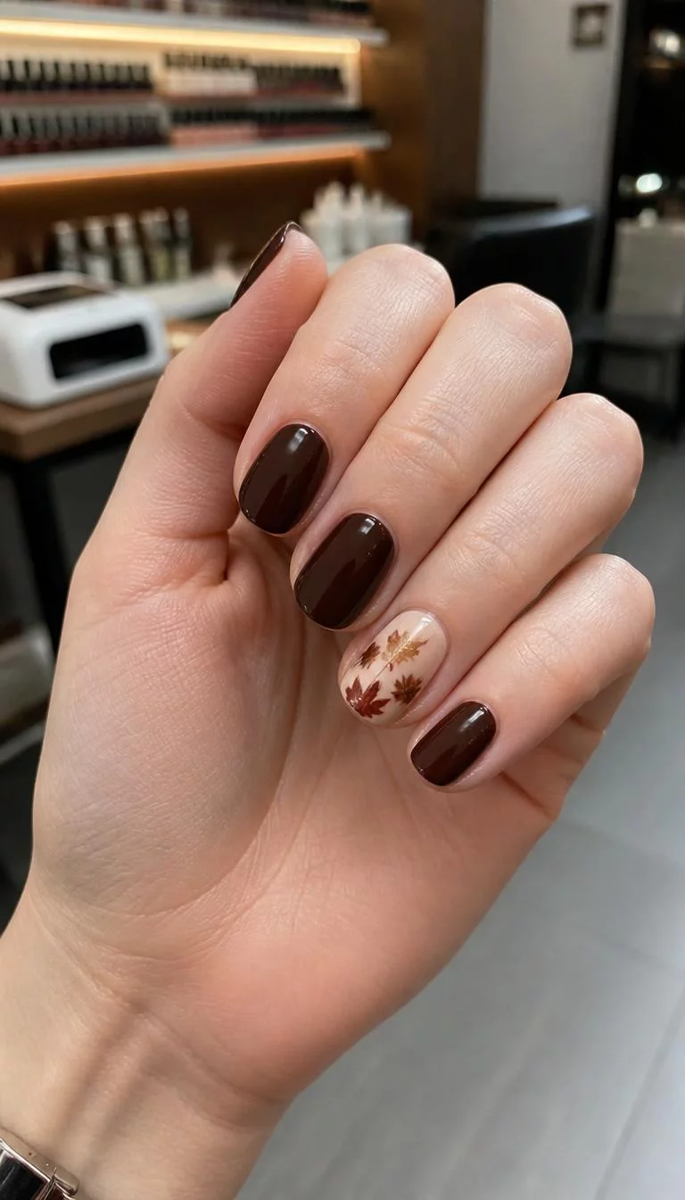 A photorealistic close-up shot of a woman's fair skin tone hand with five fingers, showcasing short oval-shaped nails featuring dark brown polish and one accent nail with a beige base and autumn leaf designs, nail salon background