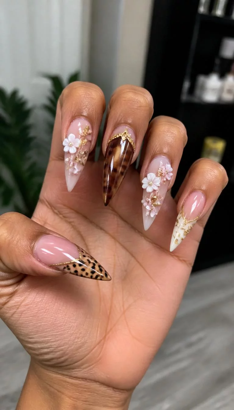 A photorealistic close-up shot of a woman's tan skin tone hand with five fingers, showcasing long pointy nails featuring elaborate designs including 3D flowers, leopard print, and gold embellishments, indoor background
