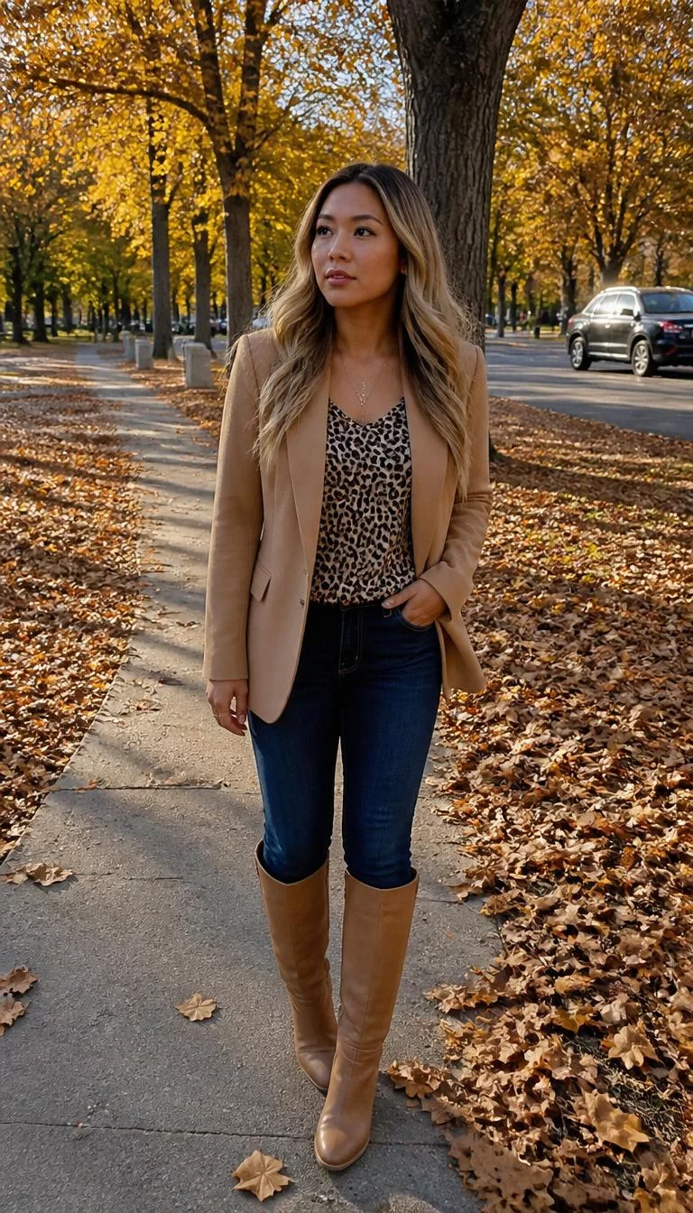 Tan Blazer over Leopard Print Top and Dark Wash Jeans A photorealistic full body shot of a 29-year-old Latina woman with a oblong face, tan, button nose, straight eyebrows, and thin lips. Her face features beauty mark near the lip, slightly flushed cheeks, and subtle natural facial asymmetry. She has monolid amber eyes, high cheekbones, neutral expression, thoughtful. She is average build with blonde wavy hair and is wearing a tan blazer over a leopard print top and dark wash jeans with tan knee-high boots, walking outdoors in a tree-lined autumn setting, everyday social media post aesthetic, high-quality mobile photography, shot on an iPhone 14.