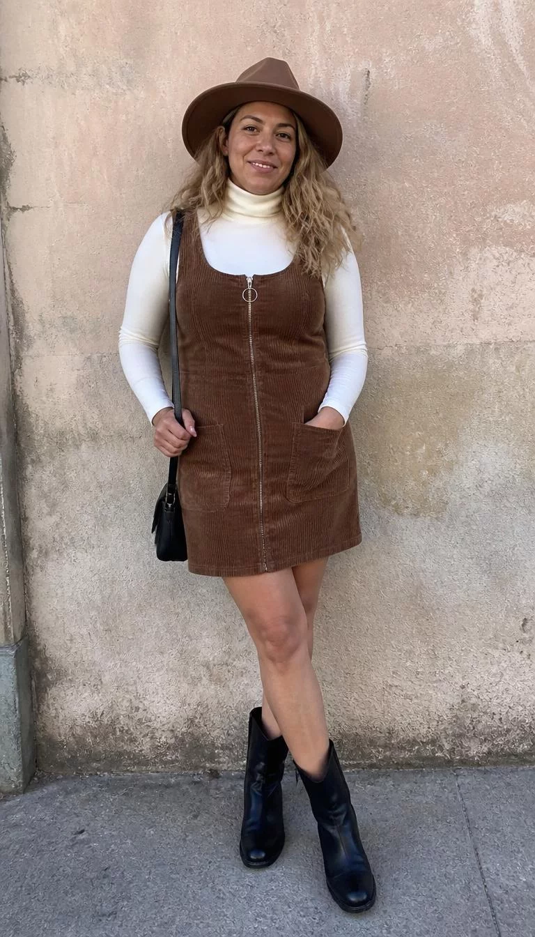 Brown Corduroy Jumper Dress with White Turtleneck and Fedora A photorealistic full body shot of a 45-year-old Latina woman with a oblong face, golden brown, narrow nose, thick natural eyebrows, and wide lips. Her face features gap between front teeth, light freckles, and subtle natural facial asymmetry. She has downturned dark brown eyes, high cheekbones, closed-mouth smile, confident. She is petite with blonde wavy hair and is wearing a white turtleneck, a brown corduroy jumper dress, black boots, and a fedora, against a textured wall, carrying a small black purse, everyday social media post aesthetic, high-quality mobile photography, shot on an iPhone 14.