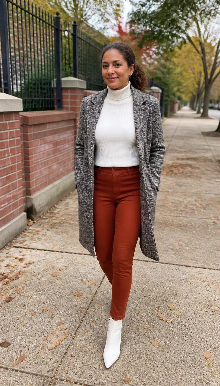 Grey Textured Coat and Rust Fitted Pants with White Ankle Boots A photorealistic full body shot of a 47-year-old Mixed-race woman with a pear-shaped face, tan, upturned nose, straight eyebrows, and thin lips. Her face features faint freckles across the nose, slightly flushed cheeks, and subtle natural facial asymmetry. She has hooded brown eyes, pronounced cheekbones, closed-mouth smile, relaxed. She is athletic build with curly brown hair pulled back hair and is wearing a grey textured coat, white turtleneck, and rust-colored fitted pants with white ankle boots, walking outdoors, everyday social media post aesthetic, high-quality mobile photography, shot on an iPhone 14.