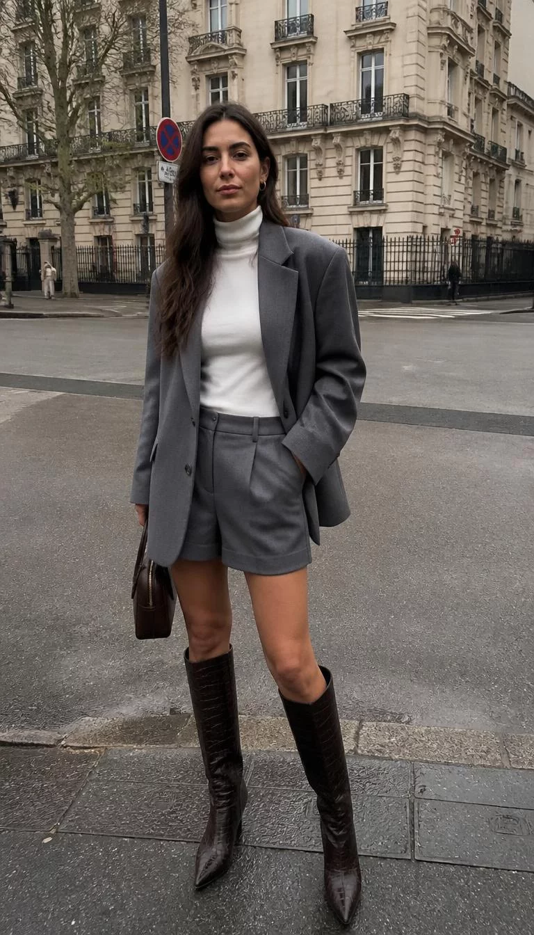 Grey Oversized Blazer with White Turtleneck and Croc Embossed Boots A photorealistic full body shot of a 36-year-old Northern European woman with a diamond face, olive, broad nose, thick natural eyebrows, and thin lips. Her face features small scar on the eyebrow, subtle acne marks, and subtle natural facial asymmetry. She has downturned hazel eyes, pronounced cheekbones, subtle smile, relaxed. She is athletic build with dark brown long hair in loose waves hair and is wearing a grey oversized blazer, white turtleneck, and grey shorts with knee-high croc-embossed boots, in an urban environment, everyday social media post aesthetic, high-quality mobile photography, shot on an iPhone 14.