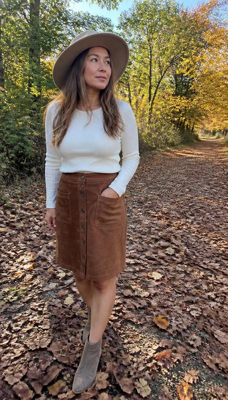 White Ribbed Long Sleeve and Brown Suede Button Front Skirt A photorealistic full body shot of a 48-year-old Southeast Asian woman with a oval face, fair, broad nose, thick natural eyebrows, and thin lips. Her face features faint freckles across the nose, a few laugh lines, and subtle natural facial asymmetry. She has downturned gray eyes, pronounced cheekbones, broad smile, thoughtful. She is average build with auburn long hair and is wearing a white ribbed long-sleeve top, a brown button-front suede skirt, and a wide-brimmed hat, in a leafy autumn landscape, everyday social media post aesthetic, high-quality mobile photography, shot on an iPhone 14.