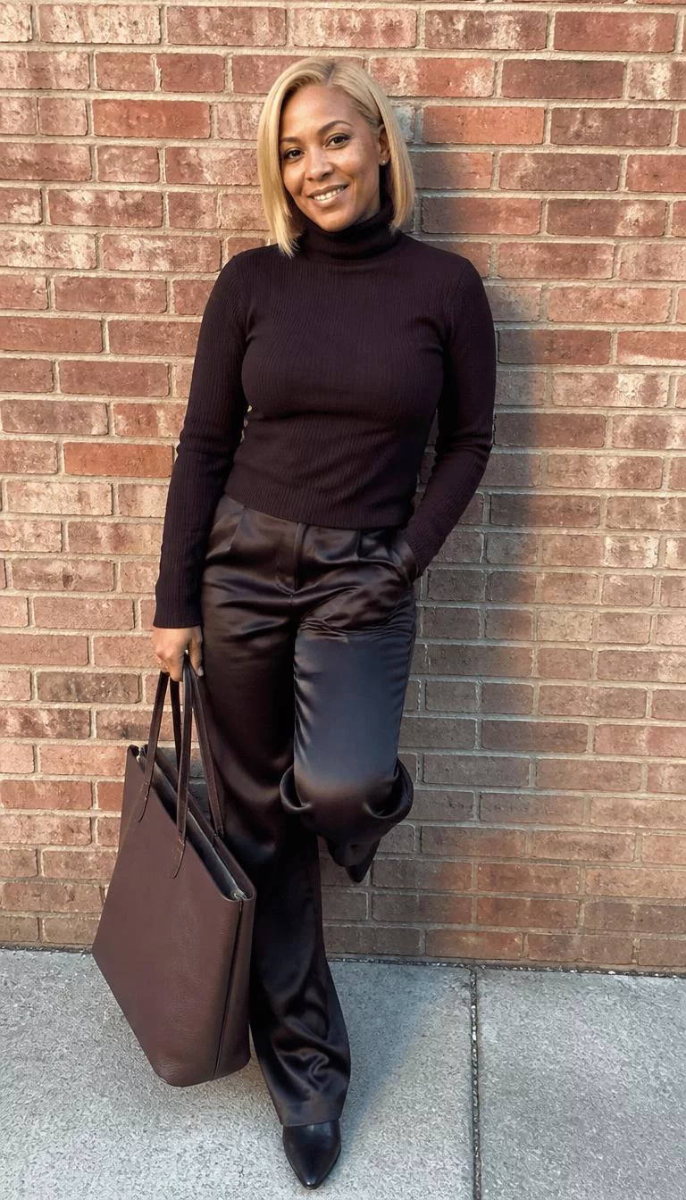 Dark Brown Turtleneck and Dark Satin Pants with Large Tote A photorealistic full body shot of a 44-year-old Black African woman with a diamond face, dark brown, button nose, feathered eyebrows, and heart-shaped lips. Her face features faint freckles across the nose, a few laugh lines, and subtle natural facial asymmetry. She has monolid gray eyes, rounded cheeks, closed-mouth smile, cheerful. She is petite with blonde straight hair and is wearing a dark brown turtleneck sweater and dark satin pants, carrying a large brown tote bag, leaning against a brick wall, everyday social media post aesthetic, high-quality mobile photography, shot on an iPhone 14.