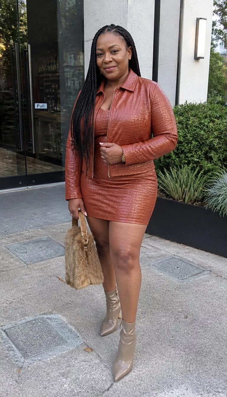 Rust Crocodile Textured Jacket and Matching Mini Dress A photorealistic full body shot of a 49-year-old Black African woman with a oval face, deep brown, broad nose, softly curved eyebrows, and thin lips. Her face features beauty mark near the lip, light freckles, and subtle natural facial asymmetry. She has monolid amber eyes, rounded cheeks, subtle smile, playful. She is curvy build with dark braided hair and is wearing a rust-colored crocodile-textured jacket, matching mini dress, and beige pointed-toe booties, carrying a faux fur bag, outside a building, everyday social media post aesthetic, high-quality mobile photography, shot on an iPhone 14.