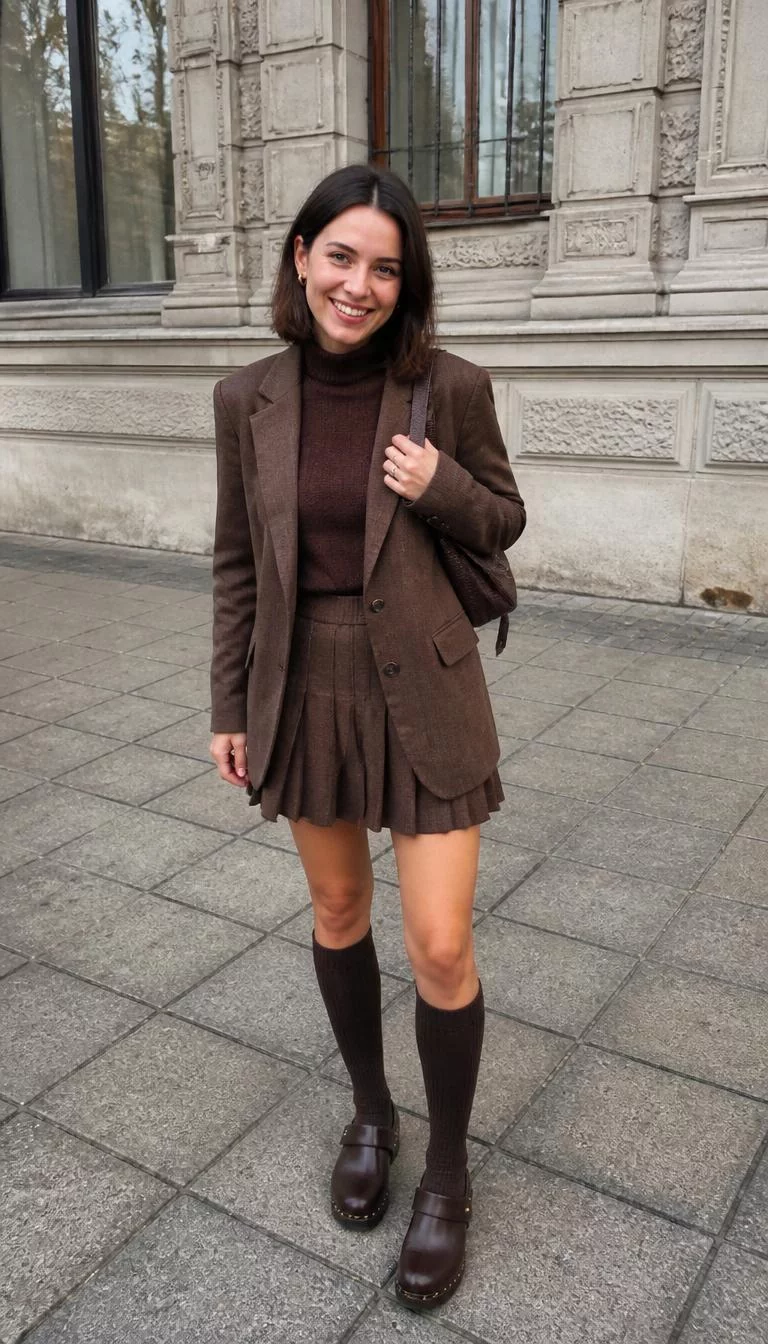 Brown Blazer and Pleated Skirt with Dark Brown Clogs A photorealistic full body shot of a 30-year-old Eastern European woman with a pear-shaped face, light, straight nose, straight eyebrows, and thin lips. Her face features widow's peak hairline, visible pores, and subtle natural facial asymmetry. She has round blue eyes, pronounced cheekbones, broad smile, cheerful. She is slim with dark brown shoulder-length hair and is wearing a brown blazer, matching knit sweater, and pleated skirt with knee-high socks and dark brown clogs, outdoors in a European city, everyday social media post aesthetic, high-quality mobile photography, shot on an iPhone 14.