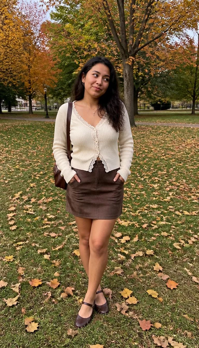 Cream Lace Trimmed Cardigan and Brown Suede Skirt A photorealistic full body shot of a 26-year-old Latina woman with a round face, tan, rounded nose, thick natural eyebrows, and thin lips. Her face features beauty mark near the lip, subtle acne marks, and subtle natural facial asymmetry. She has downturned dark brown eyes, rounded cheeks, broad smile, thoughtful. She is petite with dark brown long wavy hair and is wearing a cream lace-trimmed cardigan and a brown suede skirt, accessorized with a leather bucket bag, in a park setting with autumn foliage, everyday social media post aesthetic, high-quality mobile photography, shot on an iPhone 14.
