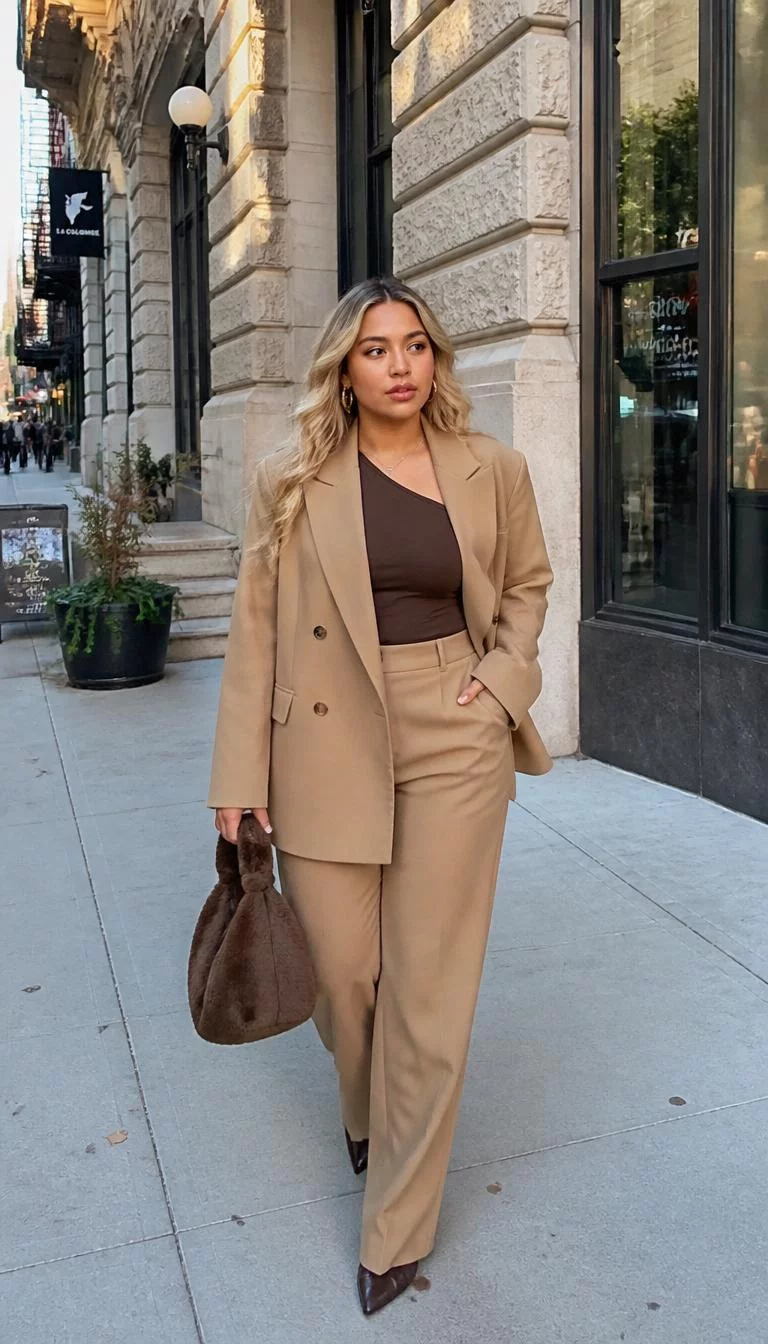 Tan Double Breasted Blazer and Brown One Shoulder Top A photorealistic full body shot of a 27-year-old Latina woman with a heart-shaped face, fair, upturned nose, softly curved eyebrows, and wide lips. Her face features uneven eyebrows, faint under-eye shadows, and subtle natural facial asymmetry. She has monolid blue eyes, rounded cheeks, neutral expression, thoughtful. She is athletic build with blonde wavy hair and is wearing a tan double-breasted blazer, a brown one-shoulder top, and matching trousers, carrying a brown fuzzy handbag, in a city street, everyday social media post aesthetic, high-quality mobile photography, shot on an iPhone 14.