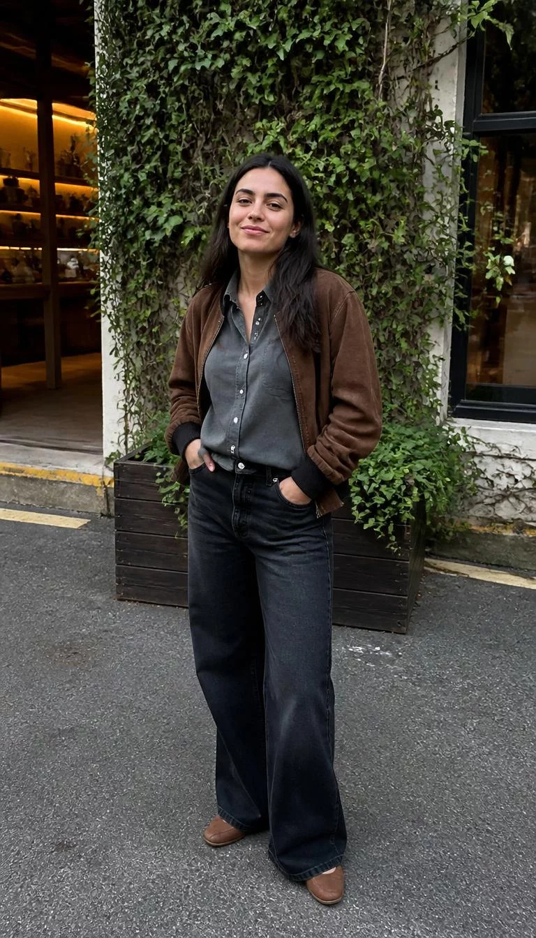 Brown Suede Bomber Jacket and Wide Leg Jeans with Slip Ons A photorealistic full body shot of a 29-year-old Middle Eastern woman with a pear-shaped face, light, broad nose, thick natural eyebrows, and thin lips. Her face features small scar on the eyebrow, visible pores, and subtle natural facial asymmetry. She has downturned dark brown eyes, soft cheekbones, broad smile, confident. She is athletic build with brown long straight hair and is wearing a brown suede bomber jacket, grey button-down shirt, dark grey wide-leg jeans, and brown slip-on shoes, standing outdoors, everyday social media post aesthetic, high-quality mobile photography, shot on an iPhone 14.