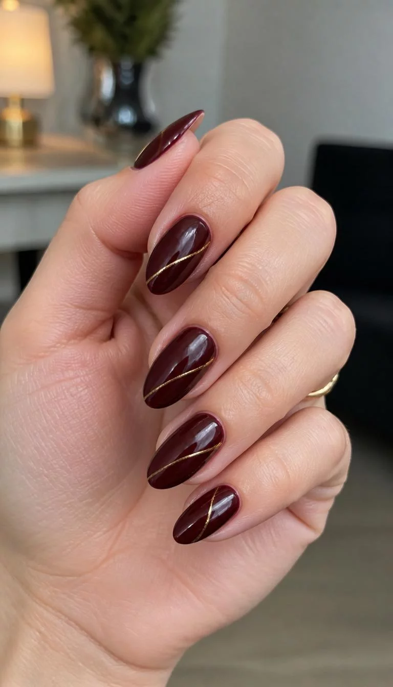 A photorealistic close-up shot of a woman's light skin tone hand with five fingers, showcasing almond-shaped medium-length nails featuring a deep burgundy polish and a thin gold line accent, indoor background