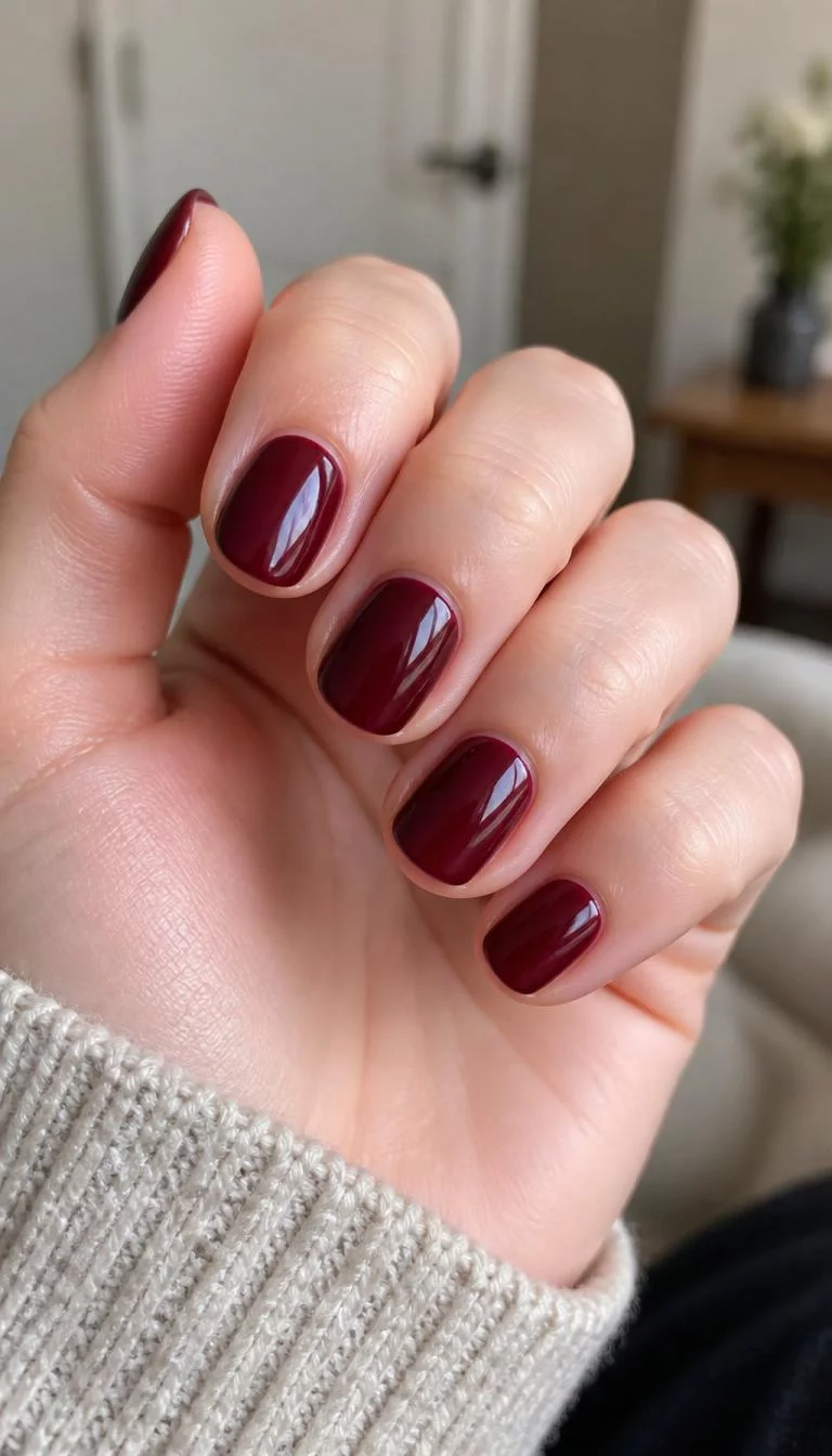 A photorealistic close-up shot of a woman's fair skin tone hand with five fingers, showcasing short rounded nails featuring a solid, glossy deep burgundy polish, indoor background