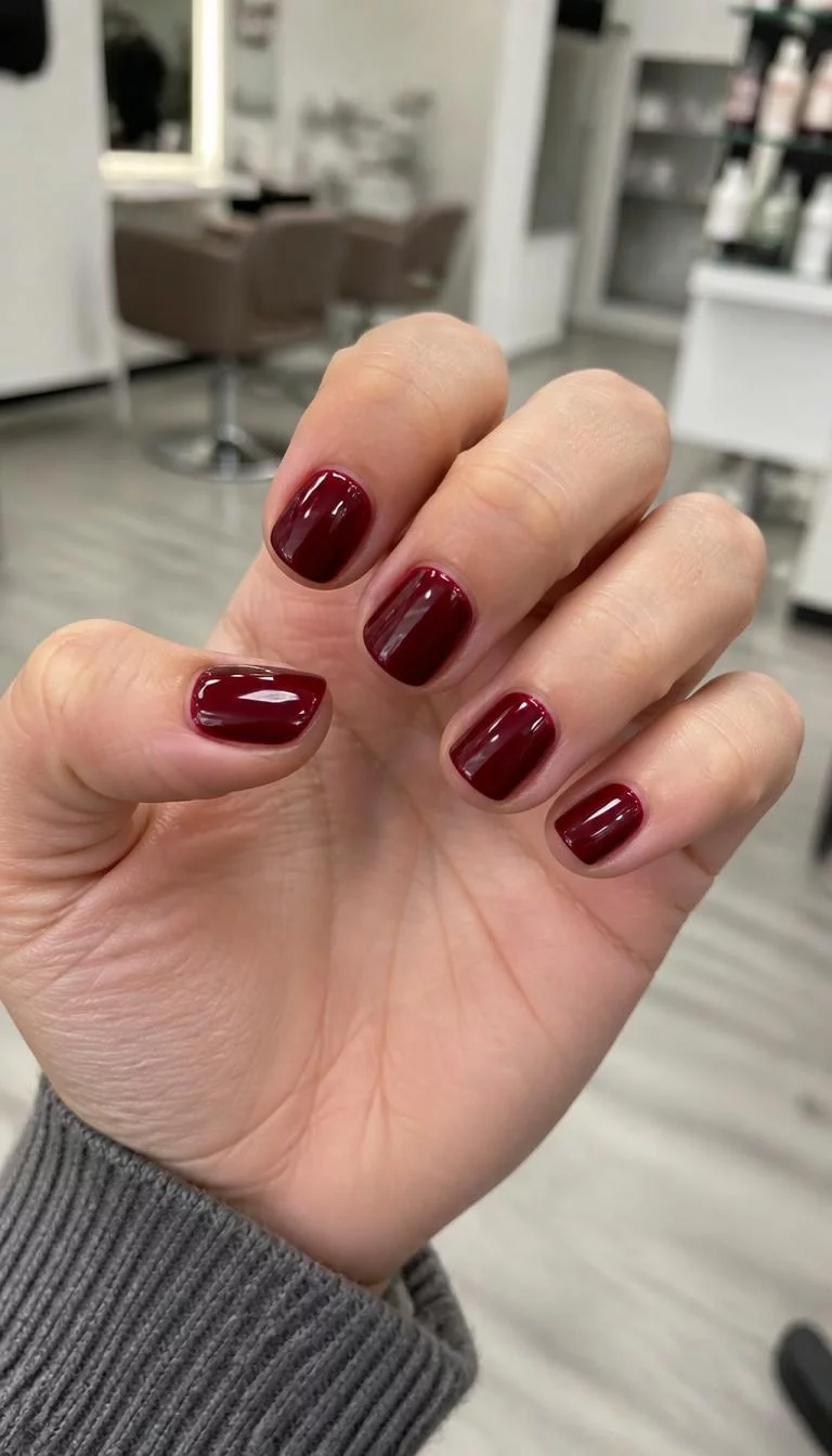 A photorealistic close-up shot of a woman's light skin tone hand with five fingers, showcasing short rounded nails featuring a deep, glossy burgundy color, nail salon background